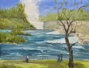 Visitors at Niagara Falls State Park overlook the American Falls